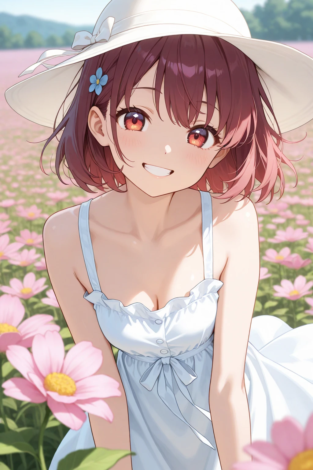 one-girl，Off-the-shoulder attire，Red hair，Huge breasts，cleavage，Open navel，grass field，ssmile，Upper body photo，