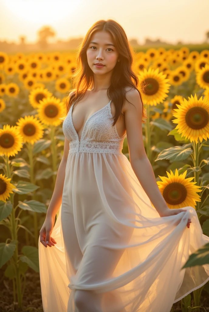 1 girl, (((raised high huge round buttocks))), Wide A sunflower field in full bloom,Back view of a woman in Translucent white thong (underwear),long shot,wide view, commercial photography,award-winning photograph,(photorealistic),unity 8k wallpaper,(ultra detailed:1.3),(light_on_face:1.4),CanonEOS 5D MarkIV DSLR