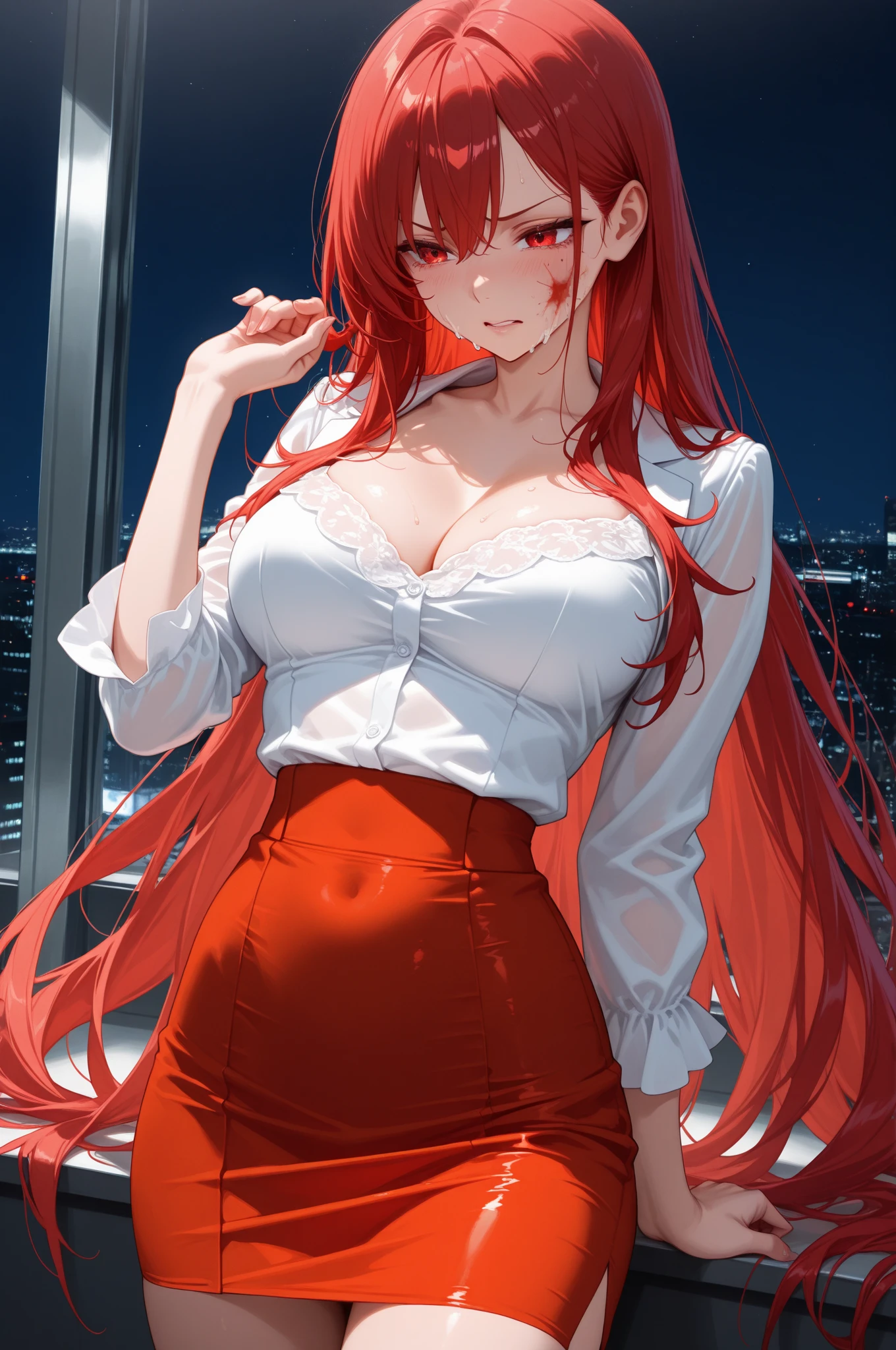 girl, looking into camera, standing, (bra), hands behind back, smiling, in school, redhead, red eyes, perfect body, schoolgirl black skirt, realistic lighting, realistic camera angle, detailed