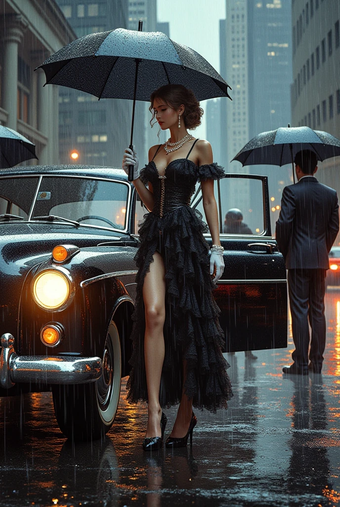 masterpiece, pale skin, Red lips, light eyes, eyeshadow, In the foreground is a beautiful red-haired woman with medium curly hair, standing in the street with a Thompson drum M1928A1., Behind her is a 1928 Cadillac Town Sedan., Left green, she wears a red and black mafia costume., Mafia style skirt and jacket on shoulders., she still wears a hat, garter holder and heels, very detailed body, detailed car and clothes, chiaroscuro, natural daylight, very detailed, she and the machine focused on the image