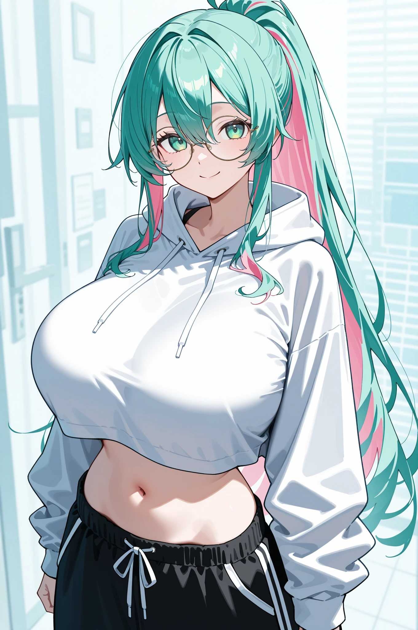 anime girl with glasses and long hair in front of a colorful background, anime visual of a cute girl, anime style. 8k, pin on anime, anime vibes, anime style 4 k, anime moe artstyle, anime aesthetic, anime girl desktop background, anime visuals, anime girl with teal hair, ethereal anime, anime girl with long hair, beautiful anime portrait , huge breast, wearing a white shirt, see through shirt , full body , masterpiece , huge breasts , (BEAUTIFUL FACE) (PINK HAIR) (BLACK LUSA)