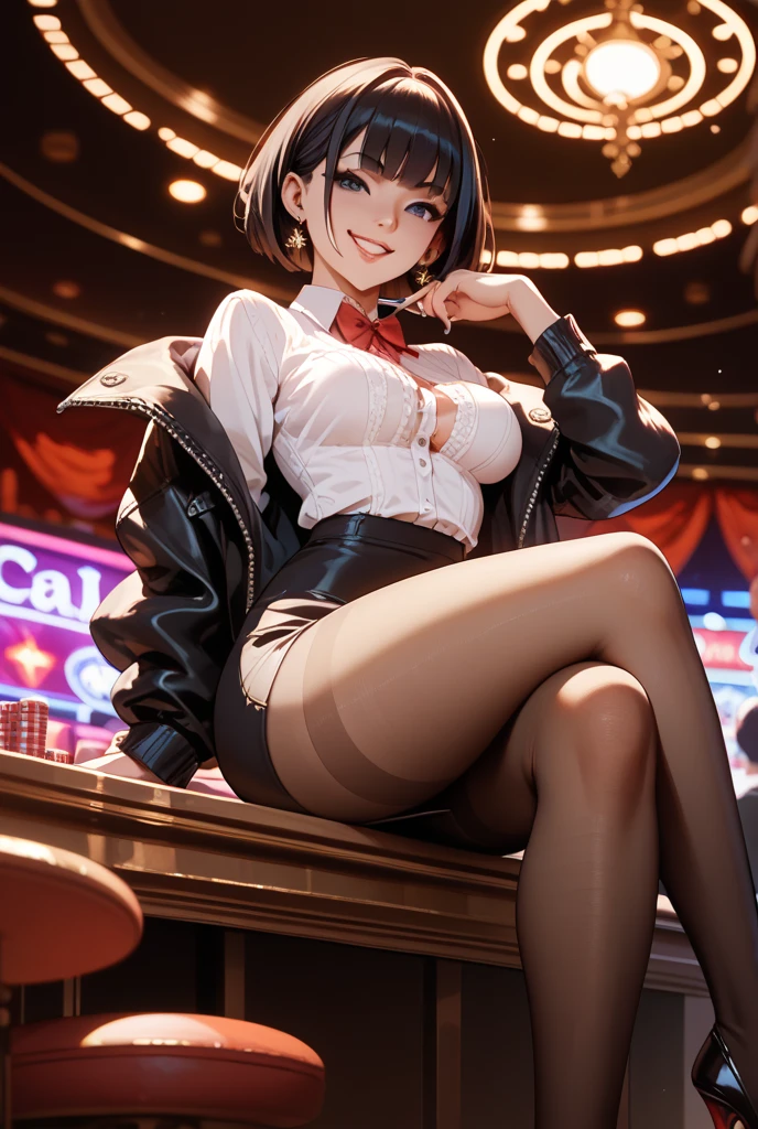 (((Wearing a penguin-colored costume, Leather panties, skirt, Pantyhose, Stiletto heels, Penguin hat))), ((Shiny Costumes)), skindentation, skinny, solo, 1 woman, Masterpiece, highest quality, highest quality, 16K, incredibly absurd, highly detailed, 2.5D, ai-generated, delicate and dynamic, very delicate facial expressions, delicate eye depiction, erotic, only sexy woman, ((A cute and kind face)), healthy figure, ((1 woman)), 160cm tall, medium firm swaying bust, Dark Hair, blush, Sweat,Embarrassed,sexy, ((thin thighs)), shiny and lustrous, facing straight at viewer, (((in heat))), ((Oily_skin)), ((Lots of sweat)), (((Brown Skin))), ((dutch angle)), ((erotic pose)), (((Dynamic Pose))), ((Being or sitting at the casino)),