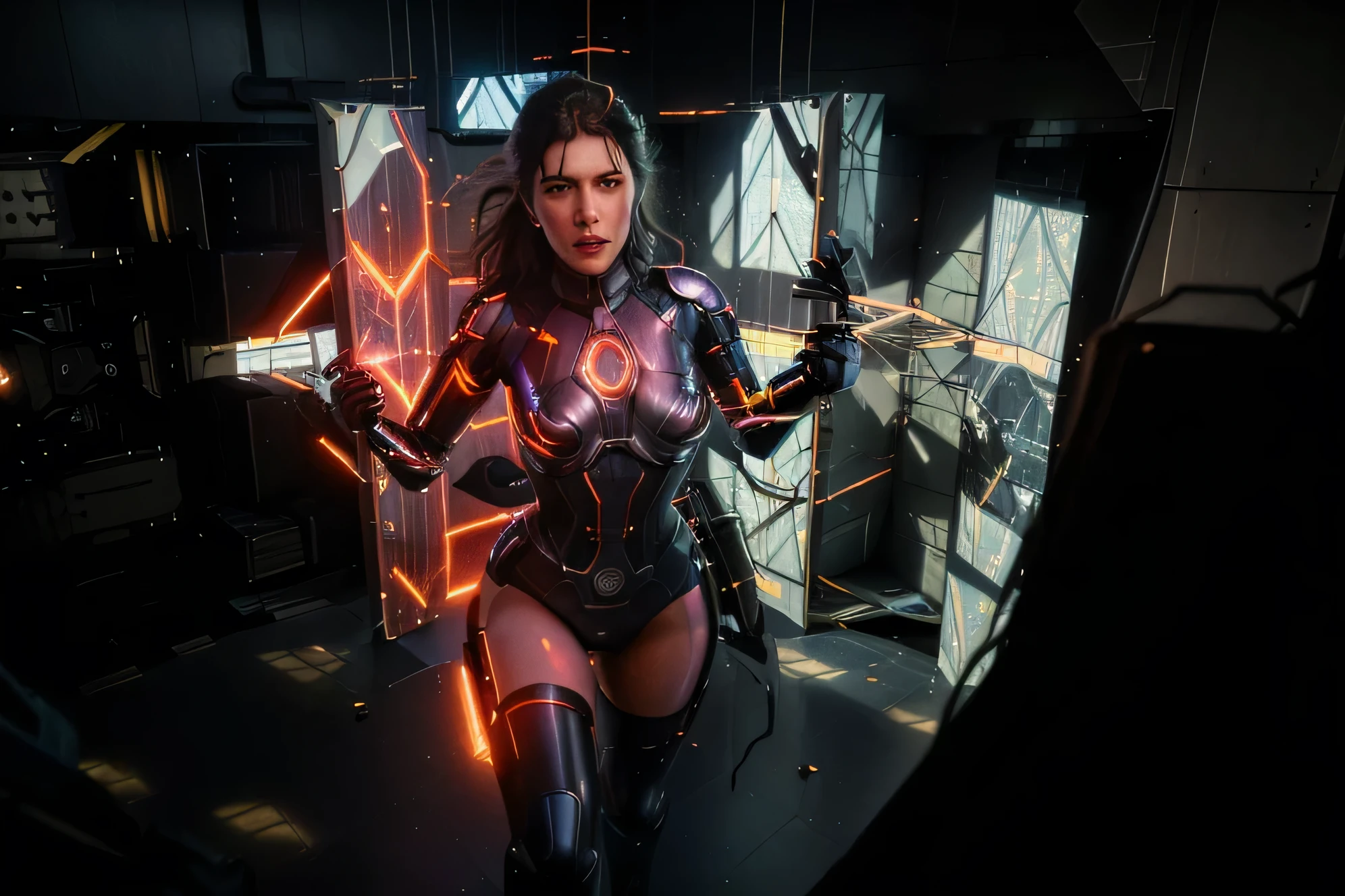 There's a cyborg woman (8k) wearing a futuristic leotard (best quality) standing in a cyberpunk city alley at night, darksynth aesthetic, red neons, haze, foggy night, ultra detailed, photorealistic, (1girl, solo, alone), large-breast:1.2 slim body, cleavage:1.1, (black sunglasses), (((she raised a pistol:1.8 and shot the viewer))), dynamic pose, (((half-body thigh level medium shot))), cinematic lighting, lens flare, ray tracing.