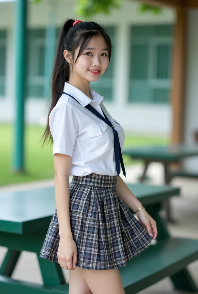 masterpiece, highest quality, Complete Anatomy、RAW Photos, Realistic、(Cute face:1.8)、(Very cute smile:1.7)、(Round face:1.8)、(Very cute face like an idol), Black-haired、Written boundary depth, High resolution, Very detailed, Very detailed目と顔, Realistic student, Sharp focus, Cinema Lighting、(Clothing that emphasizes the bulge of the chest:1.5)、19-year-old female、One Woman、 (Twin tails:1.4)、  (Japanese 、school uniform:1.3)、Very detailed8k壁紙、(Very short checkered pleated skirt:1.3)、(Use both hands to pull up the hem of your skirt、Showing her white panties to the camera:1.6）、(whole body:1.5)、Are standing、Angle from below、(Thigh close-up:1.5)、Written boundary depth、Background Blur