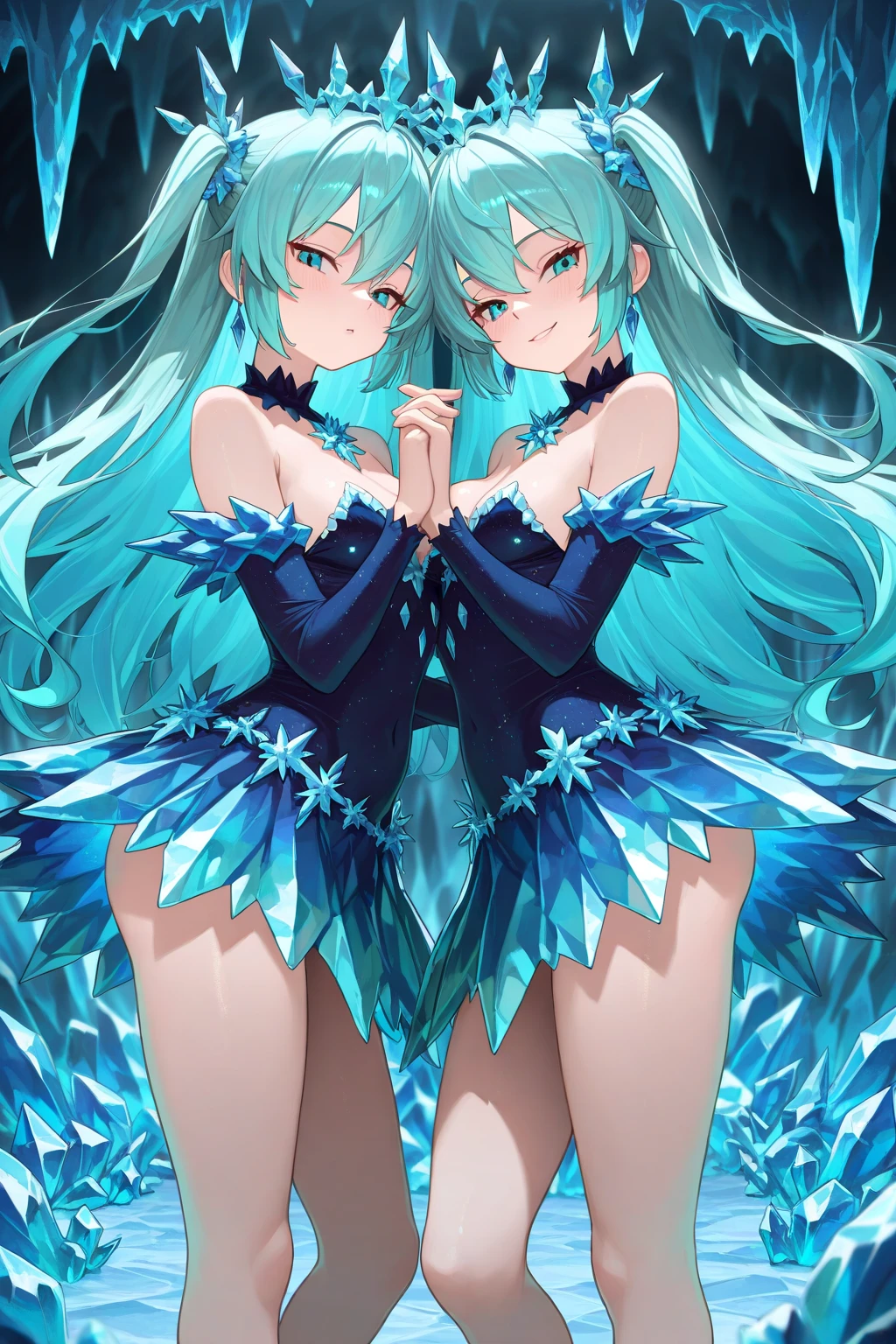 masterpiece, best quality, very aesthetic, absurdres, 2girl, standing_split, full body, standing_on_one_leg, ,rose,dark_background, flower, ice_flower, icicle,,floating droplets of water,