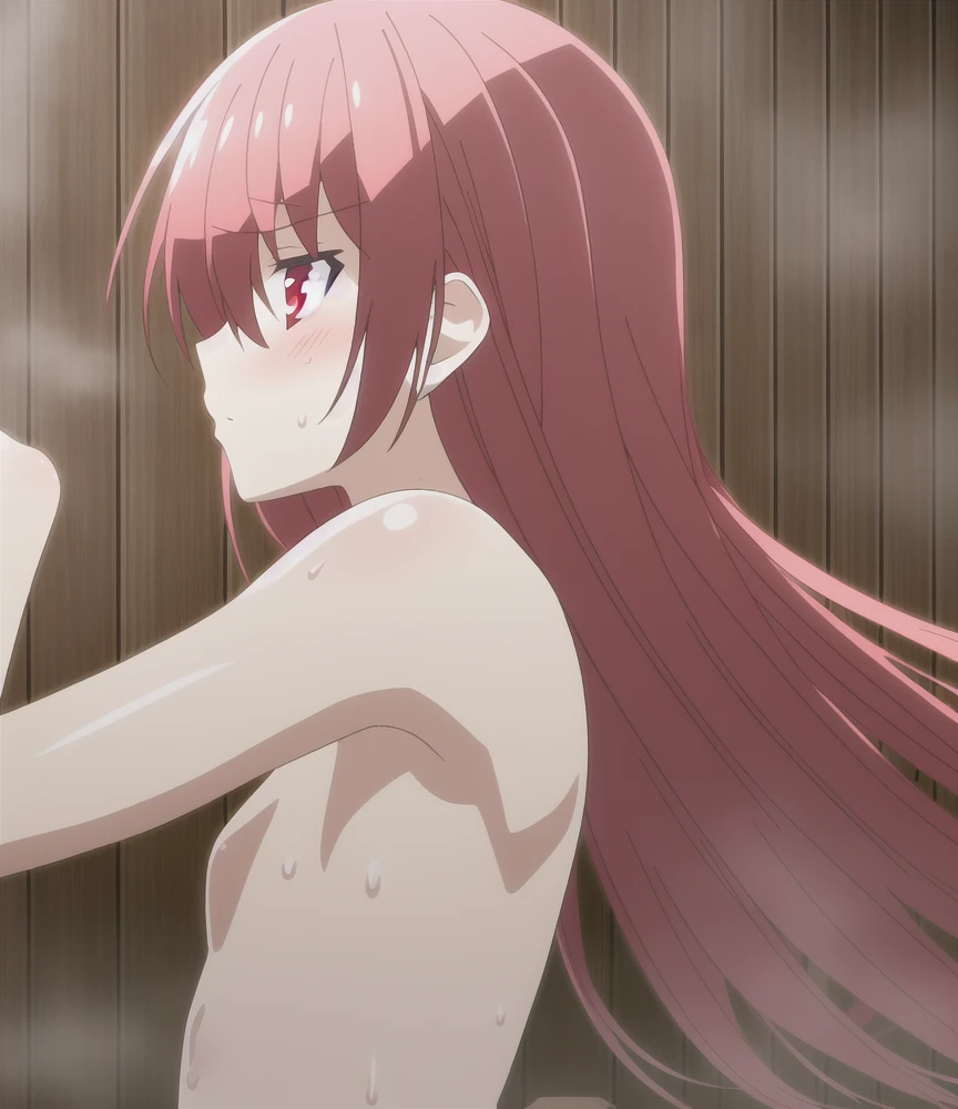 ((masterpiece,best quality anime,Highest quality:1.3)),realistic,penis,(fellatio),cowboy shot,(30 year old beauty), gunslinger ,1woman,独奏,((very small head:1.4)),((very long body:1.3)),red hair,bangs,straight long hair,gorgeous big eyes,brown eyes,tears,open mouth,(naked),(black_thighhighs),((slender body:1.3,skinny)),small breasts,gleaming skin,shiny skin,sweat:1.3,Back Alley,The World of Westerns、