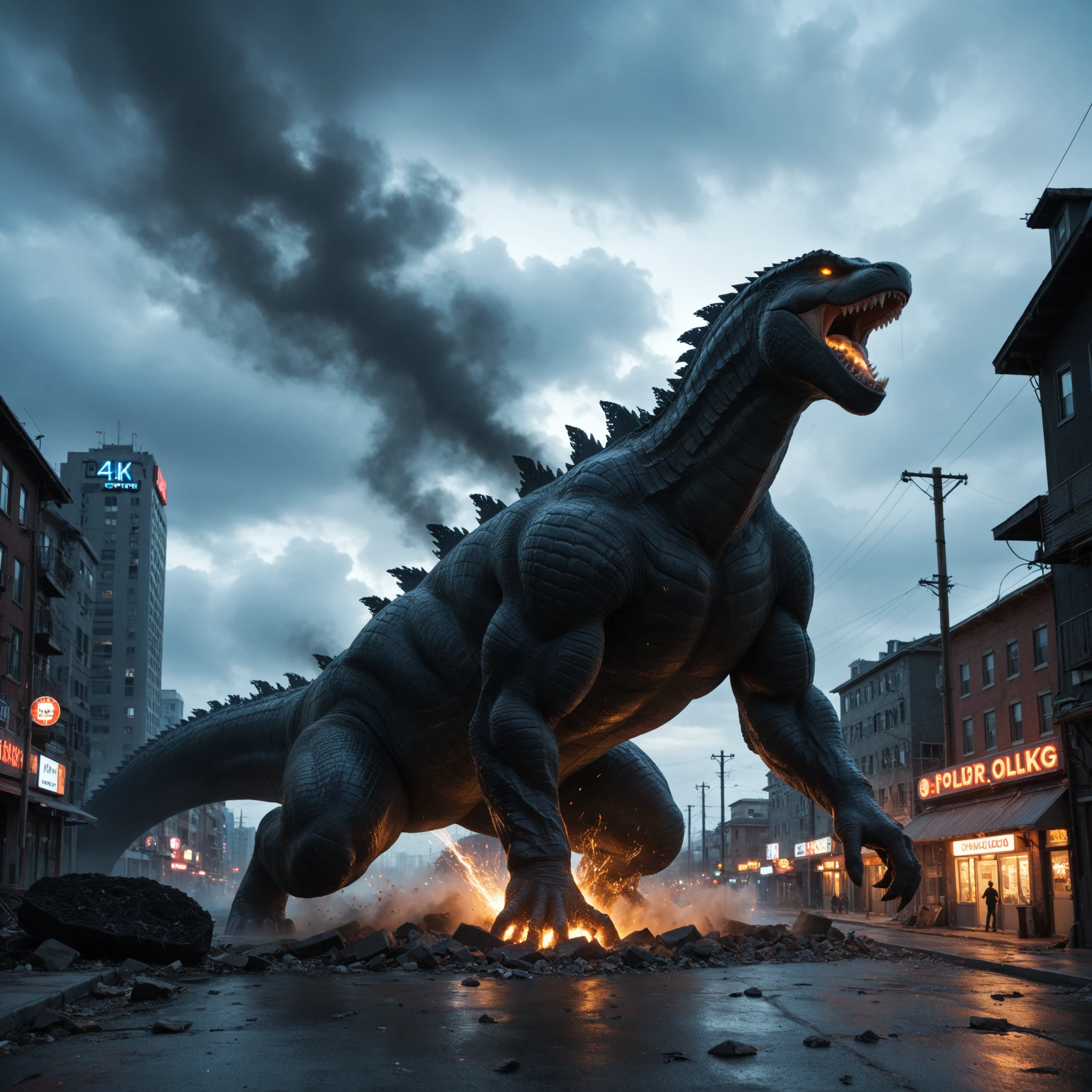 Godzilla, aesthetic, (best quality,ultra-detailed,photo-realistic:1.37),Godzilla,city destruction,fire-breathing monster,giant creature,dramatic lighting,breathtaking scale,Tokyo cityscape,roaring,destructive rampage,crumbling skyscrapers,terrified crowds,helicopters flying,scorching flames,chaotic scene,dark clouds,fear and chaos,monster emerging from the sea,dense smoke,rumbling footsteps,devastation,city in ruins,evacuation,heroic resistance,desperate fight,explosions,plumes of dust,streets in chaos,thick fog,emergency sirens,ruined infrastructure,dark atmosphere,rebuilding,post-apocalyptic landscape