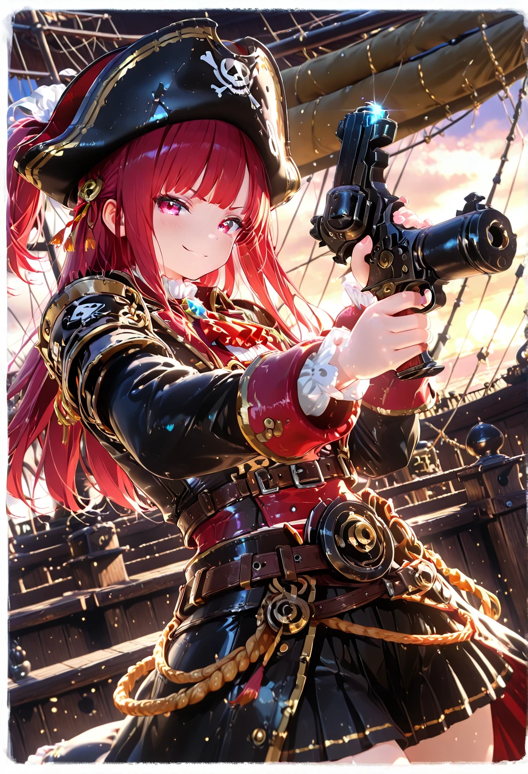 white borders, pirate ship, extremely detailed, high quality,beautiful lighting, dynamic angle,
3d,1girl, pirate girl, armor, pirate pistol, beautiful eyes, hairbangs, hair ornament,beautiful eyes, armor, smirk