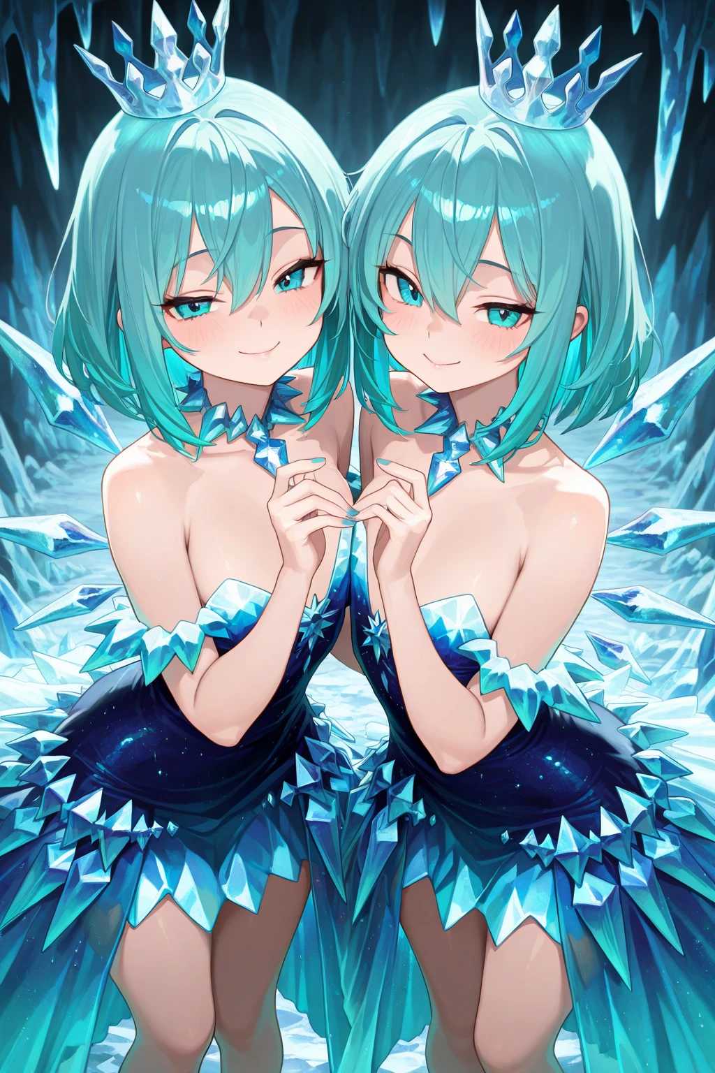A group of beautiful girls in a neon blue background, masterpiece, 4k, bokeh, detailed faces, multiple girls, harem, group photo, cat ears, blue medium bob hair, blue theme, looking at the viewer, blue cherry blossom, cowboy shot, ice queen