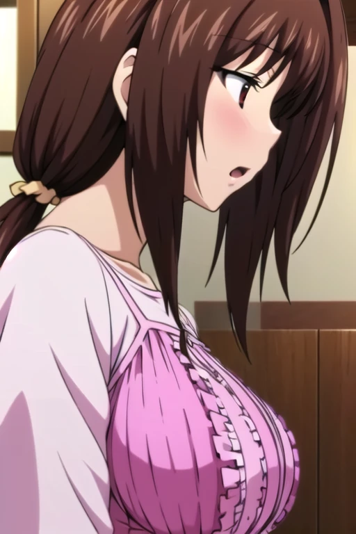 master piece, extremely detailed, high resolution,Makoto Shinkai style、high school girl、1 girl、Upper body only、Pink Bra、Pink Panties、Glossy, plump lips、Shiny Hair、Brown Hair、Long Straight Hair、Mid-chest、Narrow waist、Girl&#39;s room view、Backwards、Looking up from below、Skirt is held back、Embarrassed look、Looking at me shyly、Red cheeks、