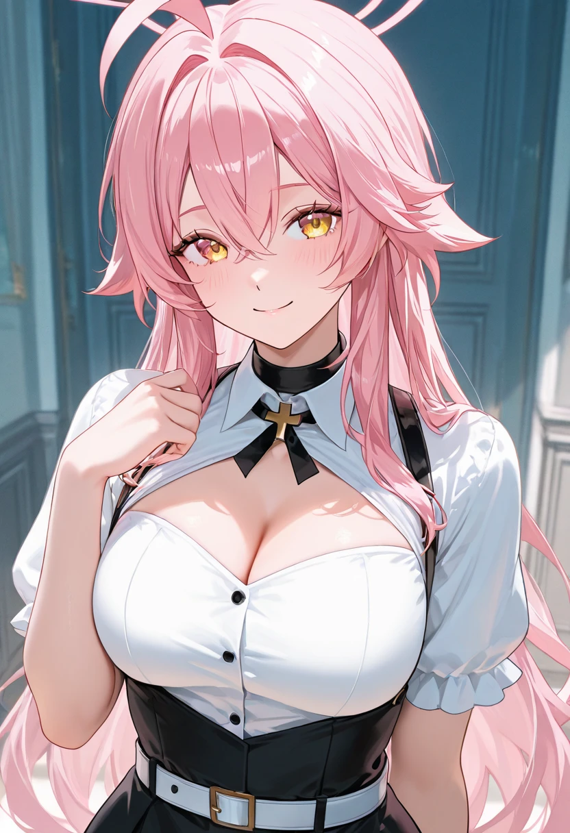 Breast Focus , ((Best Quality)), ((masutepiece)), Perfect face, , school girl uniform , mini skirt , (((Black long Gloves))) , skin dantation , huge breasted , ((Gigantic breasted)) , (Black Over Knee High) , (((crotch tatoo))) , eyeshadows , ((gleaming skin)) , Collar , (Pivic_The tattoo) , Vulgarity, zettai ryouiki , (thick thight) , looking at viewer , classroom , sitting on the chair , neck tie , teak , Tear bag , 耳环 , Ultramammy , garterbelts , cleavage cutout , skindantation, Elven ears,A slight smil, curvy,2 arms,Navel Ejection,pink hair