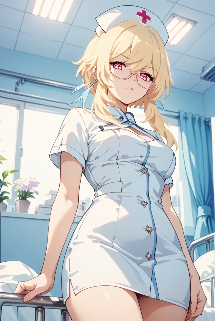 1girl in, (Solo:1.2), (Beautiful and detailed eyes description), (beautiful and detailed face), Perfect female body, neat figure, Slender waist, (Young Girl), (20 years old), Long hair, Platinum Blonde Hair, Two-side-up,Very big eyes, Blue eyes, medium breasts, blush, Shy, watery lips, Nurse, (nurse dress), Nurse Cap, Unbuttoned,Stunning lace and white underwear, (White Gloves:1.2), (White pantyhose), high-heels, a necklace, Hospital bed, White curtains, Sunlight, hand between legs, Straddle the camera, Squatting, (Best Quality), (ultra-detailliert), (masuter piece), (hight resolution), (Original), (the Extremely Detailed CG Unity 8K Wallpapers), Character Design, Game CG, Detailed Manga Illustration