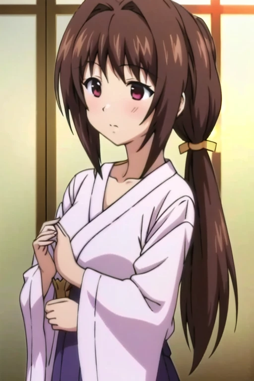 (masterpiece),(Highest quality),(Very detailed),(Best illustrations),(Best Shadow),(Absurd),(Detailed Background),(Very beautiful eyes), One Girl, alone, takamura yui, Brown Hair, Purple eyes, Long Hair, 、((Shrine maiden costume))、Cleavage、Kneel、photograph