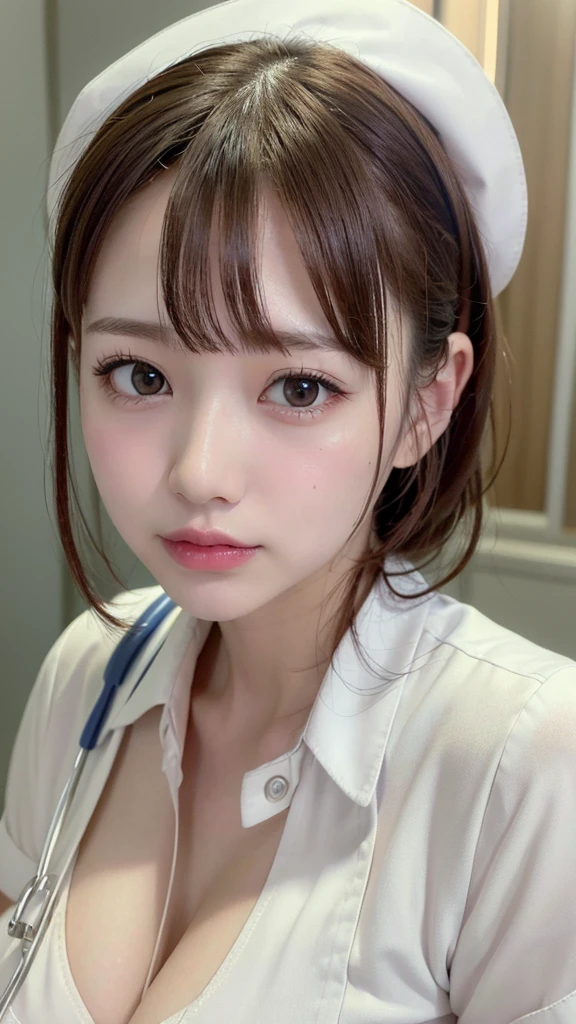 masterpiece, best quality, Super detailed, fine details, High resolution, 8K,wall paper, perfect dynamic composition,(Details High quality, realistic depiction of eyes:1.3), black hair color, Big Natural Color Lip,20 year old girl、cute type、lolita、(korean Nurse:1.4)、(hospitals:1.2)、nighttime scene、Hospital Room、a bed、is standing, (white nurse uniform:1.3), some open shirts button