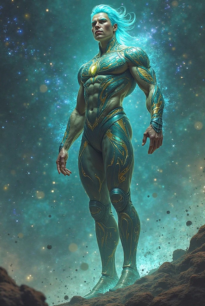 Quarter body photorealistic handsome Hunky shirtless Zodiac Prince: Pieces.. wearing light Green. standing on magic circle. Galaxy as background.