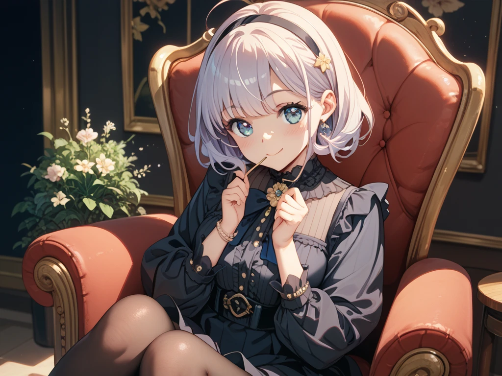 ((Masterpiece)), (Anime:1.3), ((best quality)), (super detail:1.2), (High Definition:1.3), (Professional Photography:1.2), (full body), (12 years old), 1girl, cute young girl, (very smirk), open mouth, (Beautiful purple eyes:1.3), (Glossy skin), ((elf girl)), (embroidery Noble cardigan), (small chest), slim body, (loose blunt bangs), unruly hair, (medium hair), ((beautiful blond hair)), (put on noble head wreath), BREAK, ((best quality)), (Sitting on the gorgeous tall throne), (Audience Room at the Royal Castle), (sharp focus), (perfect light), (vibrant color),