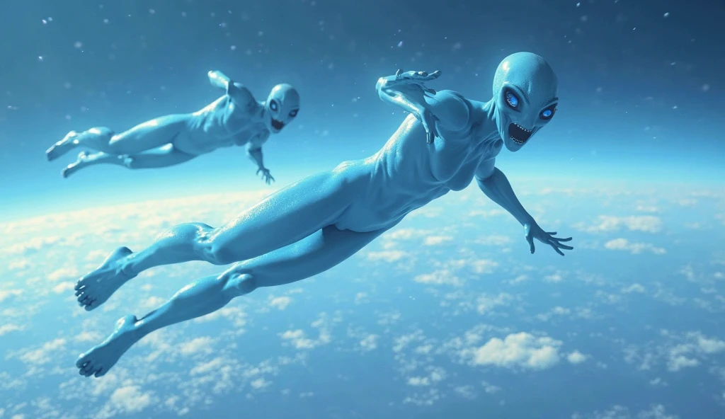 Two explorers in foreground, dressed in bright, contrasting winter clothing (one red, one blue), gazing in amazement at a gigantic sphere of floating crystalline ice. The sphere occupies 60% of the frame, glowing brightly with shades of electric blue and white. In the center of the sphere, clearly visible, a humanoid alien with silver skin, large, luminous eyes, and elongated limbs in a fetal position. The creature emits a soft bluish-green glow. The surrounding cave has dramatic ice stalactites and surfaces that reflect the sphere's light.