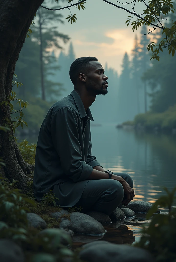 Dark-skinned man in a beautiful place with a broken heart and sad