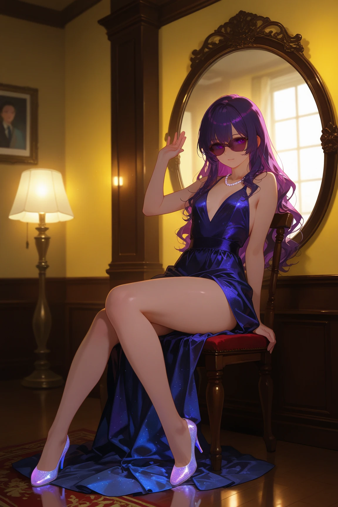 Highest quality,Highest Resolution,A woman in a glamorous purple high-leg leotard,Mouth open, tears and saliva flowing,Dimly lit Western-style room at night,On the bed,Round Glasses,