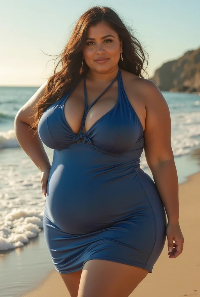 araffe sitting on a sidewalk in a blue dress, violet myers, lacey, angelawhite, thicc, beautiful thick female, beautiful curves, curvy model, 1, next to a pool, squatting down next to a pool, she has a jiggly fat round belly, shot from the side, mid body shot,