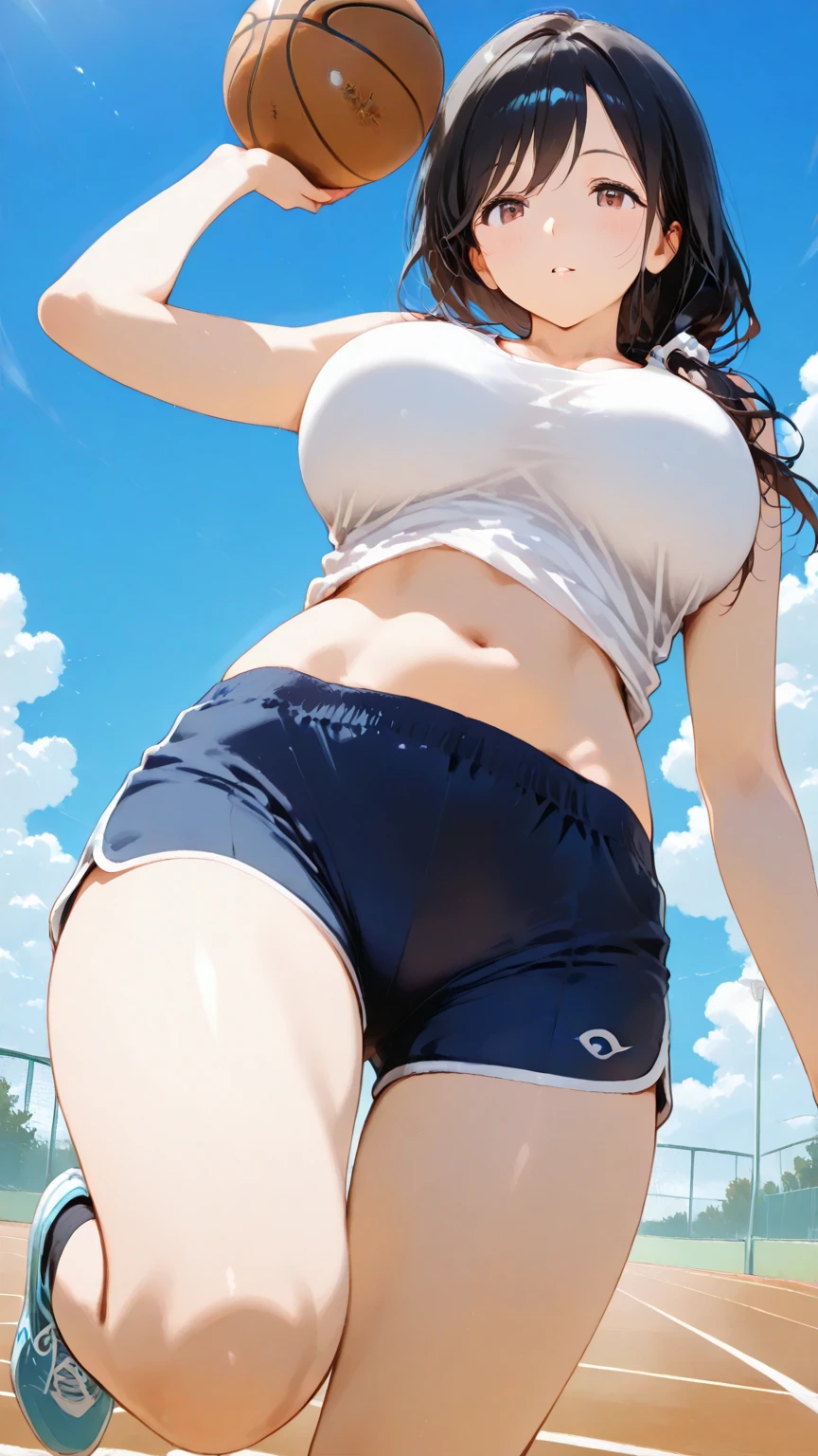 naked、White dress、Showing underboob、Belly button、From below