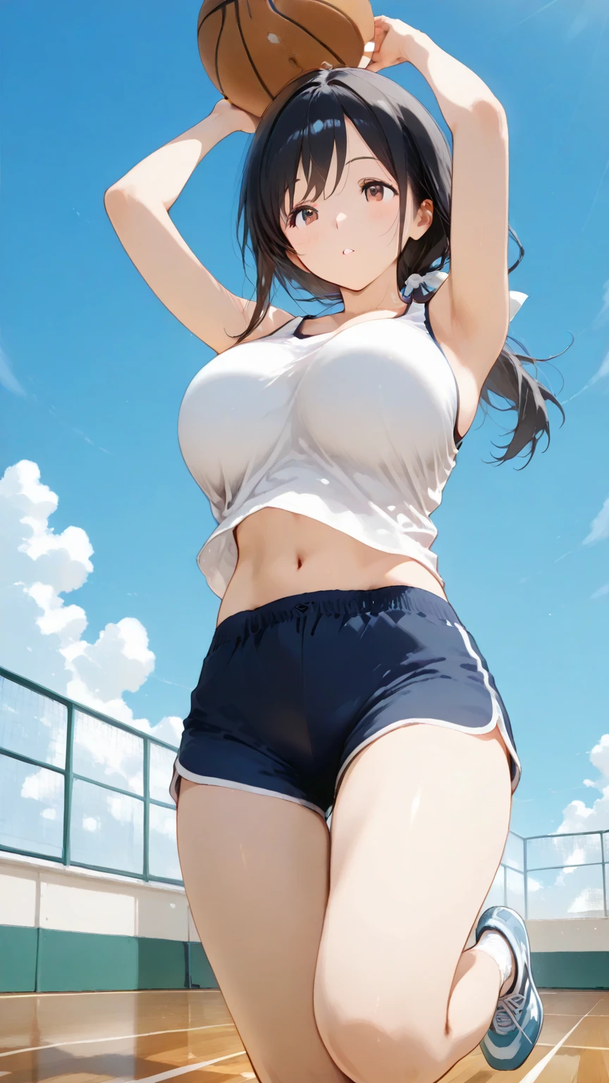 Naoha Kirigaya(sword art online), 1girl, masterpiece、top-quality、School swim wear、huge tit、A sexy、swimming pools、dynamic angle,