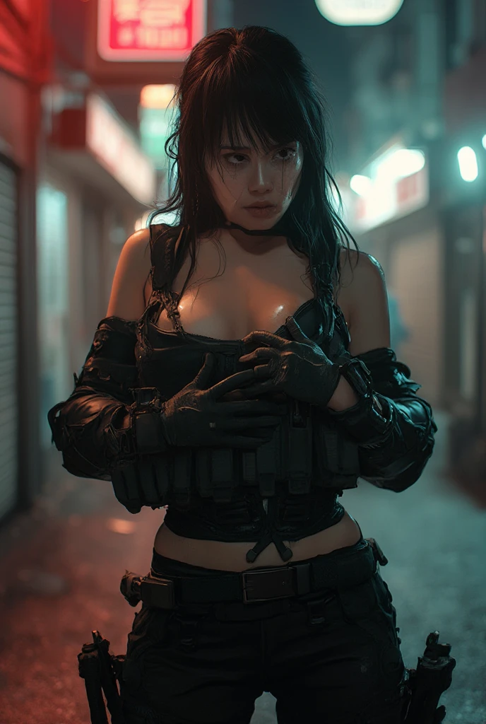 (Wide angle view). Blade Runner style futuristic city, simple outlined transparent neon tall buildings, glowing giant clock tower, flying cars, helicopter, lightning, 3D rendering Beeple. At night, (1girl, solo, alone), photorealistic, medium-breast slim:0.6 body, oval:0.6 face, cleavage:1.1, sexy black laced bra, glove, deep-V, (very low angle view of miniskirt), white laced panty, coat, (Matrix style black micro sunglasses), ((aiming viewer with a short gun)), (running pose), (half-body thigh level close-up shot), cinematic lighting, ray tracing.