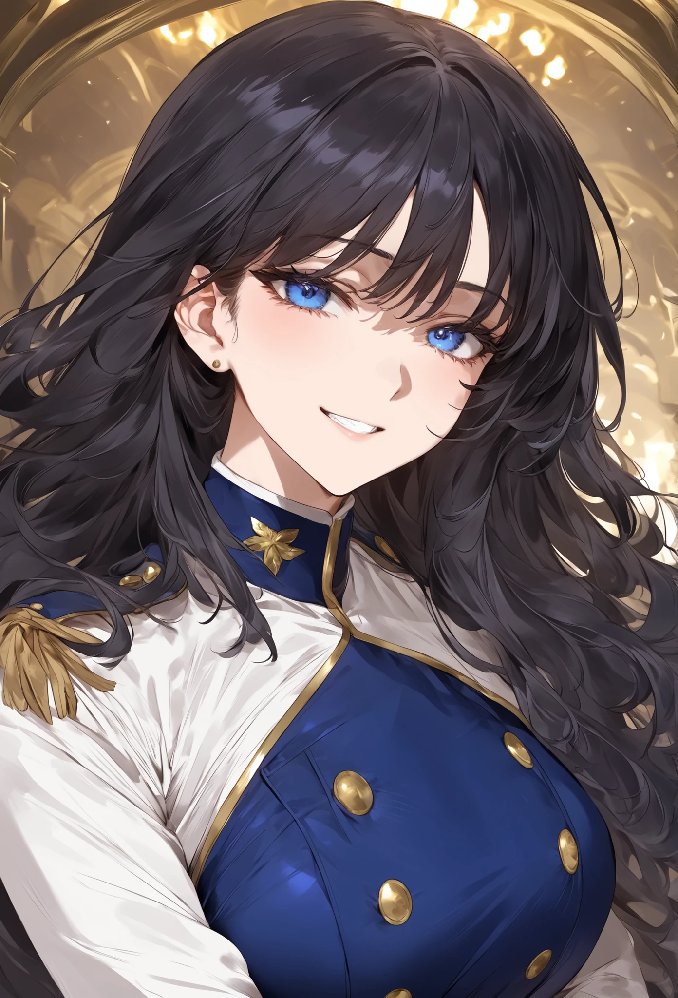 score_9, score_8_up, (masterpiece, top quality, best quality, official art, beautiful and aesthetic:1.2), (8k, best quality, masterpiece:1.2), (((masterpiece))), (((best quality))), (((extremely detailed))), illustration, (masterpiece, top quality, best quality, official art, beautiful and aesthetic:1.2), (8k, best quality, masterpiece:1.2), see-through, source_anime, 1girl, adult, ((dark hair)), dark hair, ((intimidant look)), ((close-up)), blue eyes, uniform, sexy, dark colors, brillant eyes, ((wavy hair)), perfect hands, ((intimidant look)), good anatomy, ((militar uniform)), emotionless, intimidant, ((beautiful eyes)), close up, ((detailed eyes)), beautiful eyes, ((detailed face)), arrogant smile, detailed face, full body, full body, evil smile