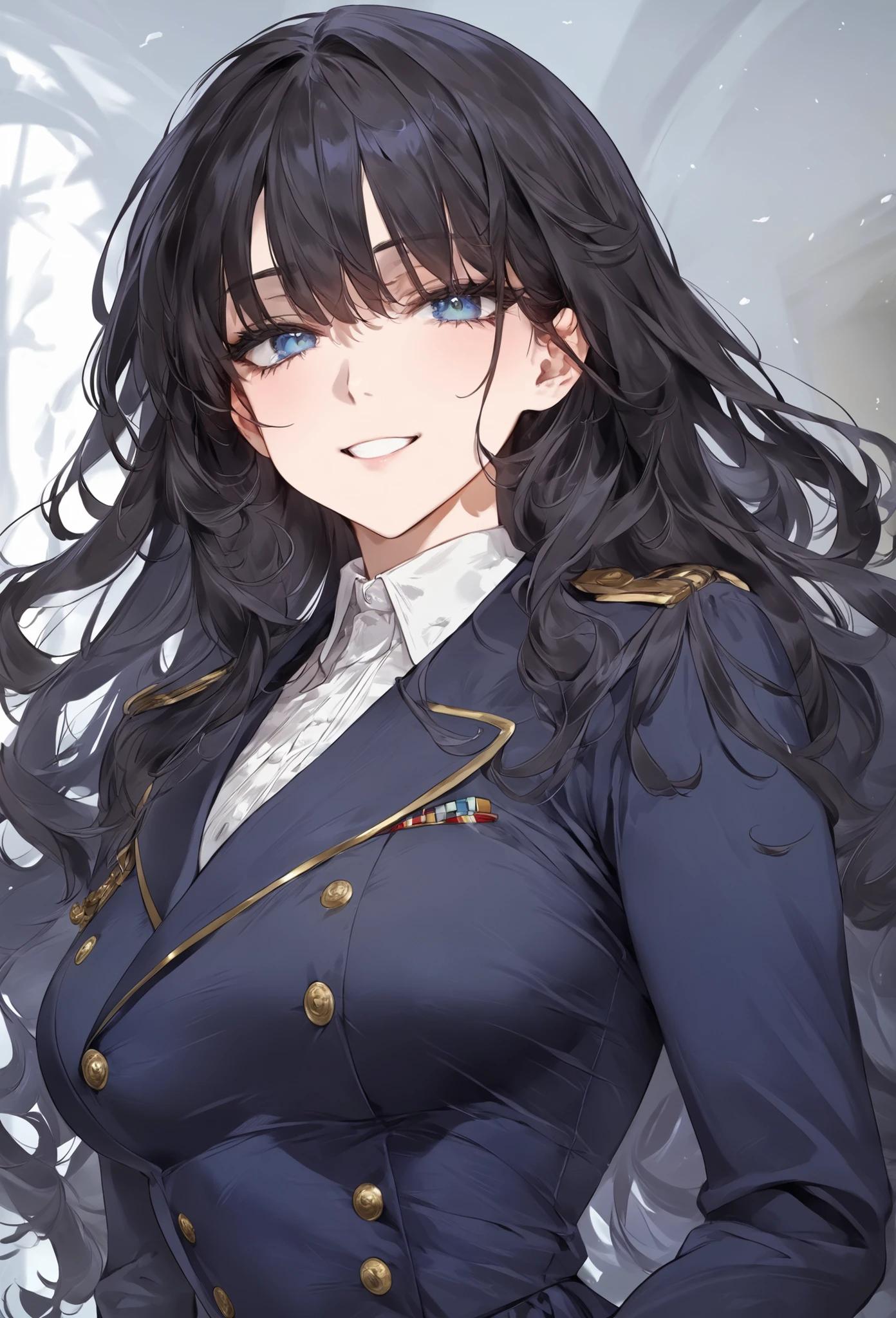  score_9, score_8_up, (masterpiece, top quality, best quality, official art, beautiful and aesthetic:1.2), (8k, best quality, masterpiece:1.2), (((masterpiece))), (((best quality))), (((extremely detailed))), illustration, (masterpiece, top quality, best quality, official art, beautiful and aesthetic:1.2), (8k, best quality, masterpiece:1.2), see-through, source_anime, 1girl, adult, ((dark hair)), dark hair, ((intimidant look)), ((close-up)), blue eyes, uniform, sexy, dark colors, brillant eyes, ((wavy hair)), perfect hands, ((intimidant look)), good anatomy, ((militar uniform)), emotionless, intimidant, ((beautiful eyes)), close up, ((detailed eyes)), beautiful eyes, ((detailed face)), arrogant smile, detailed face, full body, full body, evil smile