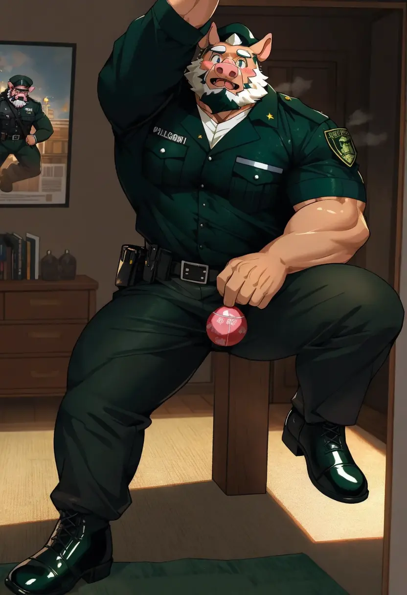 Solo, male, laying on couch in living room, bulge, by bigcozyorca, by goonie-san, by bebebebebe, by spikedmauler, front view, big buff , bear,  nice fur, bushy tail, buff, unbuttoned police shirt, wearing underwear, steam, panting, blush, hearts, handsome expression, hard cock, boner, throbbing boner, older, sexy pose, beard, massive bulge, throbbing movement around cock, looking at viewer, close up, cock detailed outline, on top of viewer, underwear cock outline, exposing boner, dad, dad bod, daddy
