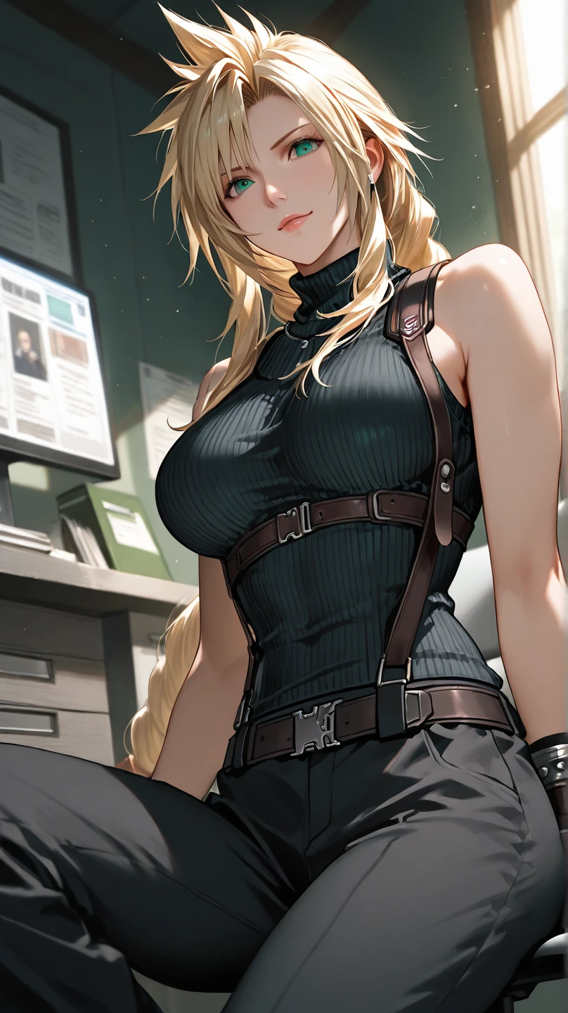 masterpiece, highest quality, best quality, official art, beautiful and aesthetic: 1.2), (1girl), extremely detailed, (fractal art: 1.3), colorful, highest detailed, perfect face, upper body, HDR, front view, standing, breast focus, breasts, large breasts, bare breasts, naked, nude, boob window, sexy, wide hips, thicc figure, Detailed blue eyes, Detailed face, Detailed eyes, perfect face, perfect eyes, wearing blue jumpsuit, jumpsuit, blue jumpsuit, breast window, naked breasts, smug, smuggle, smug expression, closed mouth