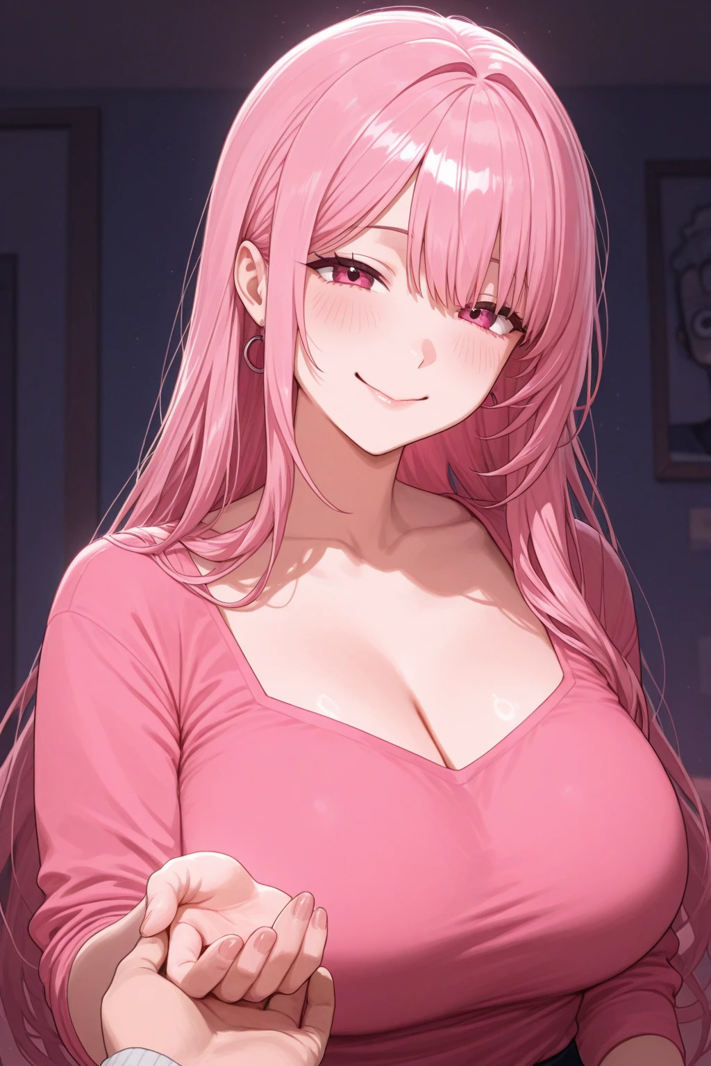 30 year old woman, beautiful, smile, long wavy pink hair, evil blue eyes,