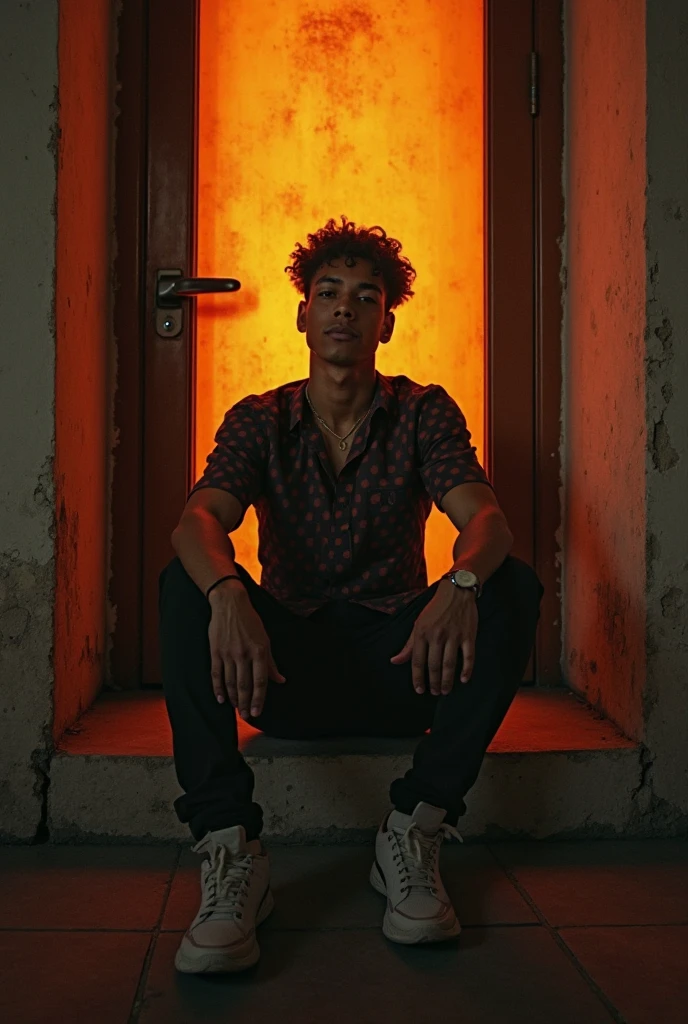 A indian young boy with curly black hairs wear a black oversized tshirt and sit on a partybox speaker here is a boack lamp stand on his left side and the boys have little taooz on his left arm