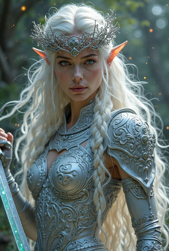 FACE SHOT OF BEAUTIFUL BOMBSHELL TOLKIEN ELF WOMAN, 30 YEARS OLD, HUGE LONG PLATINUM HAIR, BRAIDED HAIR, VERY PALE SKIN, EXPRESSIVE TURCOISE EYES, LOVELY FACE, ENIGMATIC FACE EXPRESSION, GORGEOUS LIPS, ROSY CHEEKS, HIGH CHEEKBONES, MENTAL FORAMEN, EXPOSED ELF TIP EARS, SILVER TIARA, PLATIMUN EYEBROWS, FULL NECK CLEAVAGE, LIGHT BLUE NECK VICTORIAN DRESS, ATHLETIC CURVY BODY, SIDE ANGLE SHOT, DEEP FORREST, DAYLIGHTS, BACK LIGHTS, SUN LIGHTS, MASTERPIECE, ACCURATE IMAGE