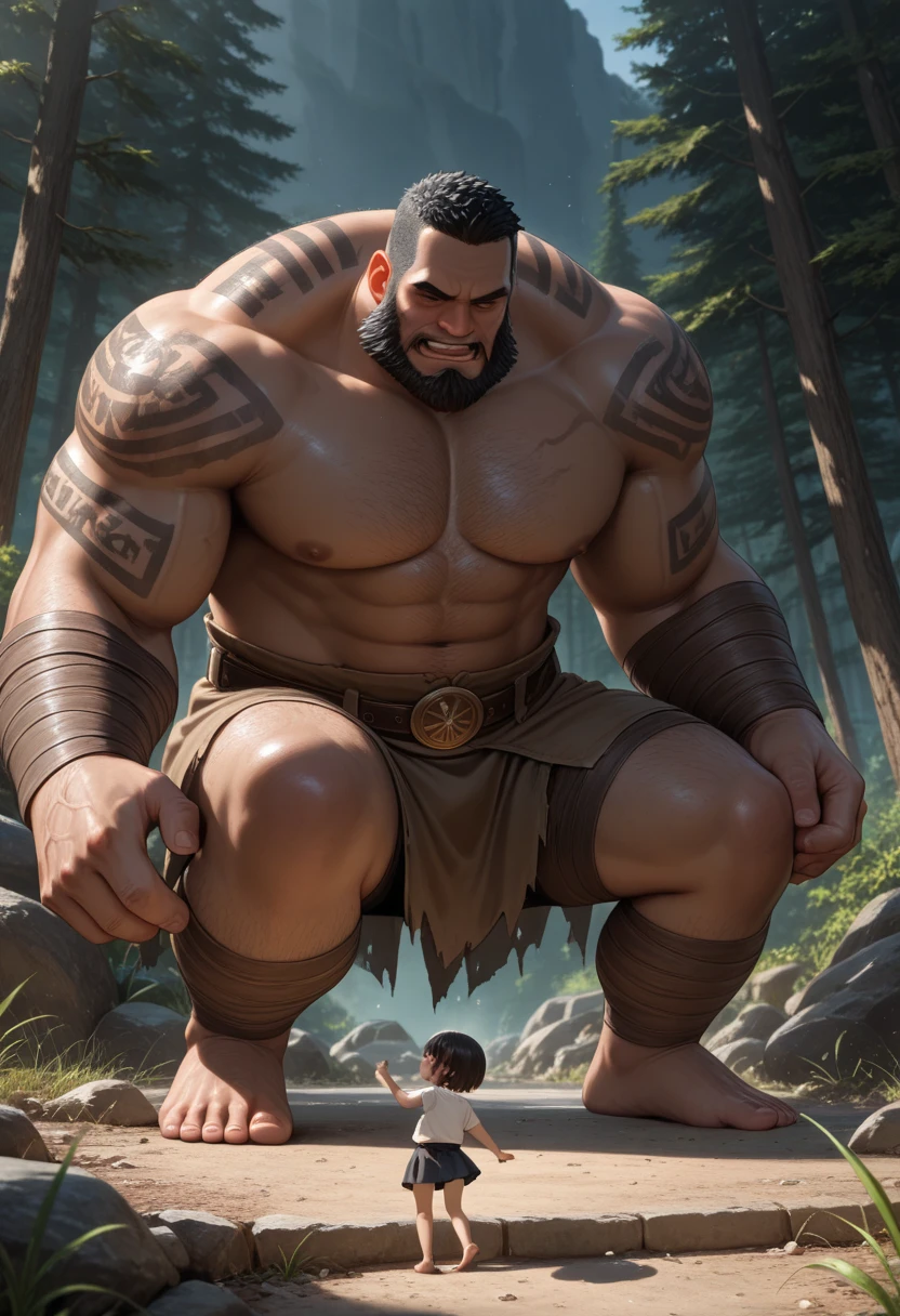A stick figure kneels down on a big man
