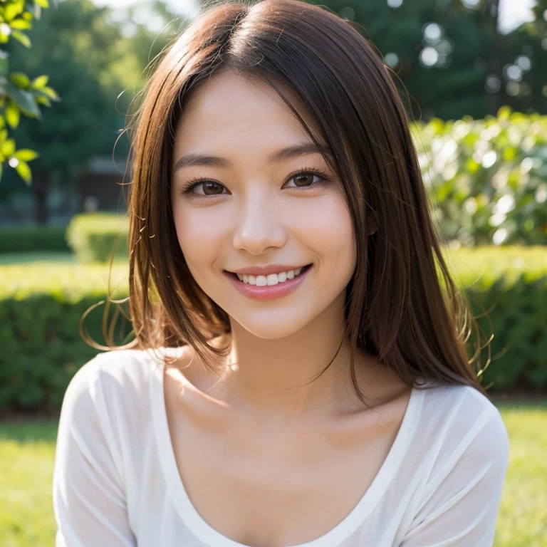 Innocent Japanese girl, trendy loose casual fashion, natural hair styles, impressive big brown eyes, pure smile, refreshing in early summer sunlight, feeling soft breeze in hair, sitting, relaxed pose, professional portrait photography, sunlight, film photography, 35mm negative film, 85mm lens, very shallow depth of field, bokeh, 