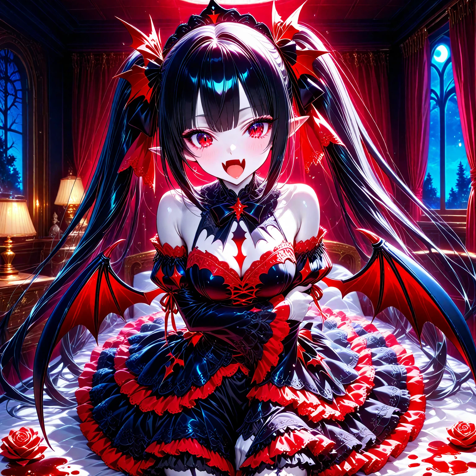 Ultimate Douluo Bai Xiuxiu,Dark Flame Goddess,Blood red lace hollow camisole underwear,Ice red lace hip skirt,Red strappy tight lace hollow evening dress,Black red hair,Exquisite beauty,Blushing Loli,Succubus,full-body shot,Fun