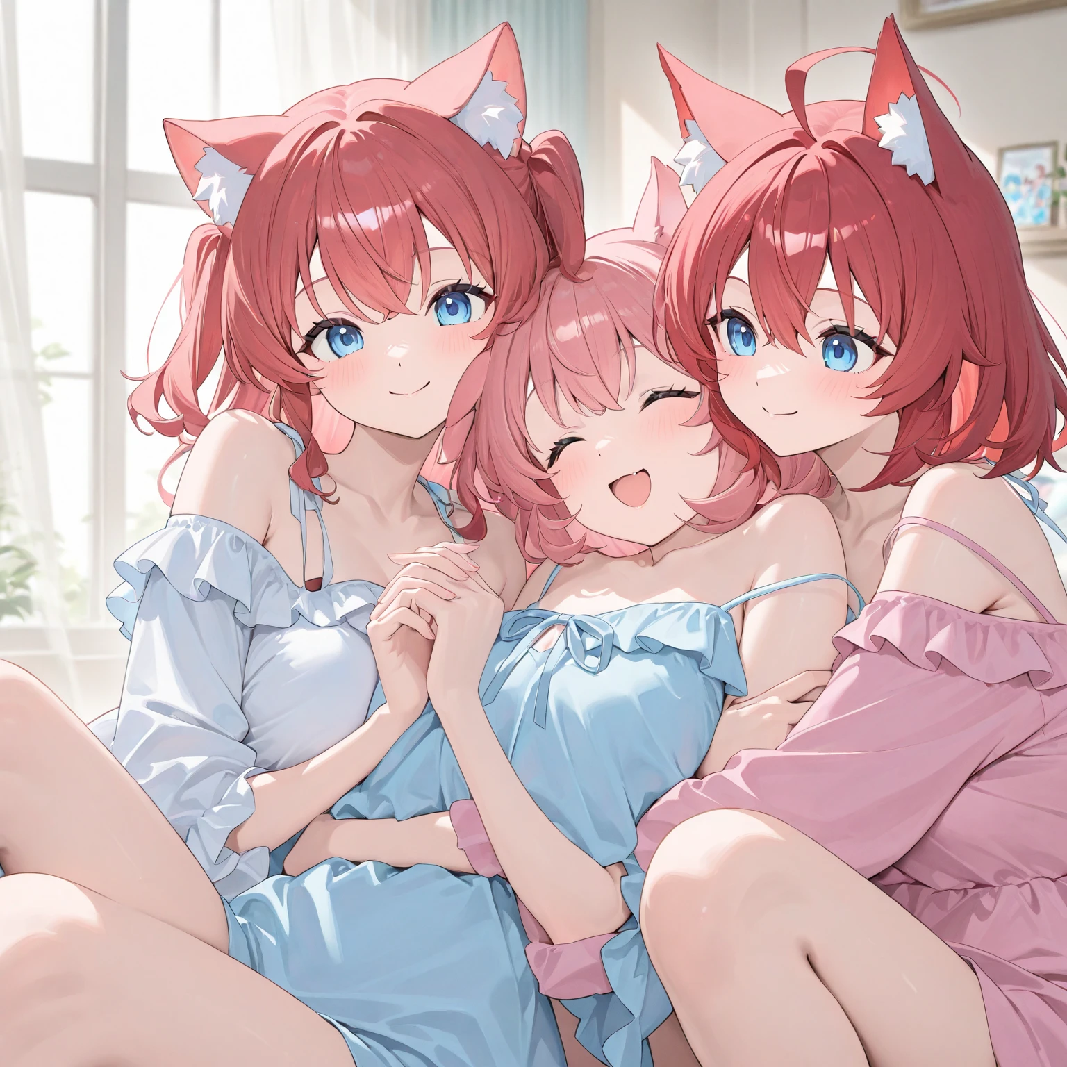 nsfw,((One Man and Two Women,Having sex)),lying down,Lift both legs,Sex,Light blue hair,Light pink hairstyles,Cat ear,Pink Eyes,light blue lolita,White socks,,Pink ribbon,Open Mouth Smile,Best image quality,Highest quality