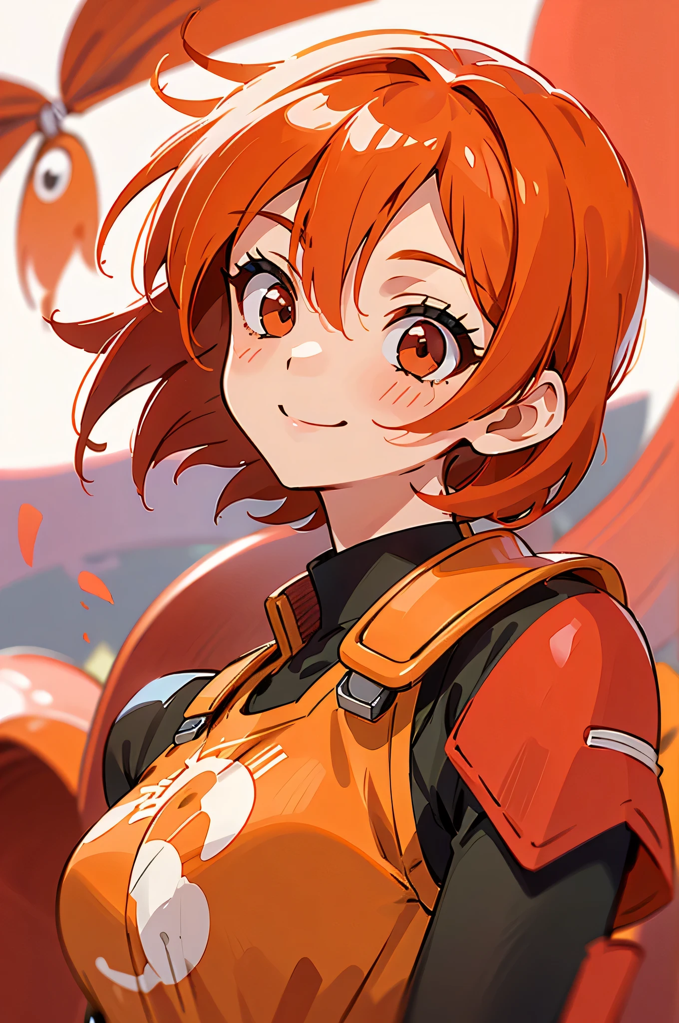 One person、solo、orange hair、bob hair、Red eyes、Smiling Yang、From the side、upper body up、flight suit、shrimp monster 、(80mm portrait lens、F1.8、Shot at ISO 100)、RAW pictures、 Cinematic lighting in a roman square :1.3