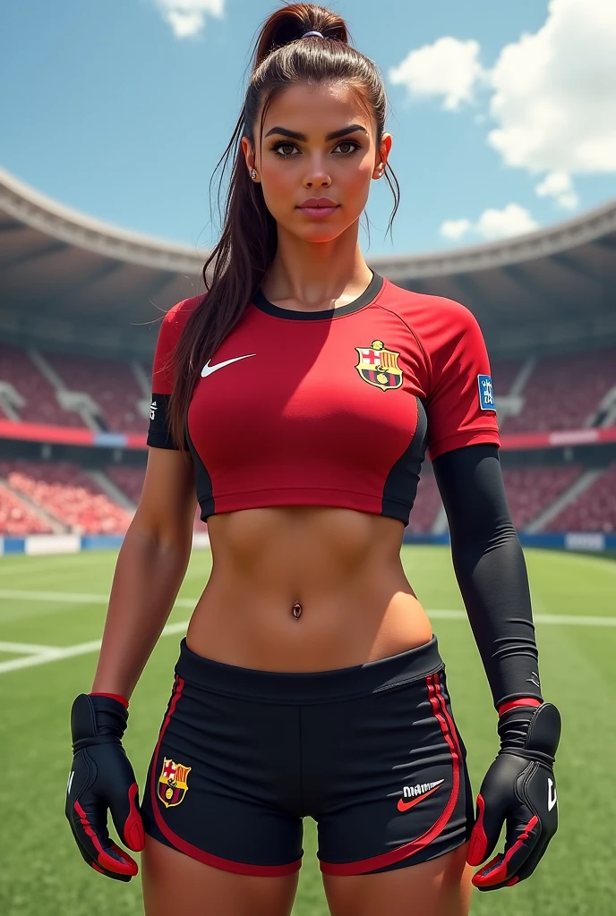 (muscular:2.2), (thick thighs:2.1),
(latina female, tan skin, brown skin, black hair:1.5), (big smile:1.5), (adult),
red lipstick, eyeshadow, red lips,
(hard nipples), (large breasts:1.5),
(soccer jersey, soccer shorts, choker, midriff, deep cleavage:1.6), (deep cleavage:1.2),
looking at viewer, (three quarter view:1.3), upper body view,
rim lighting, two tone lighting, dim lighting, bokeh, detailed skin, detailed eyes