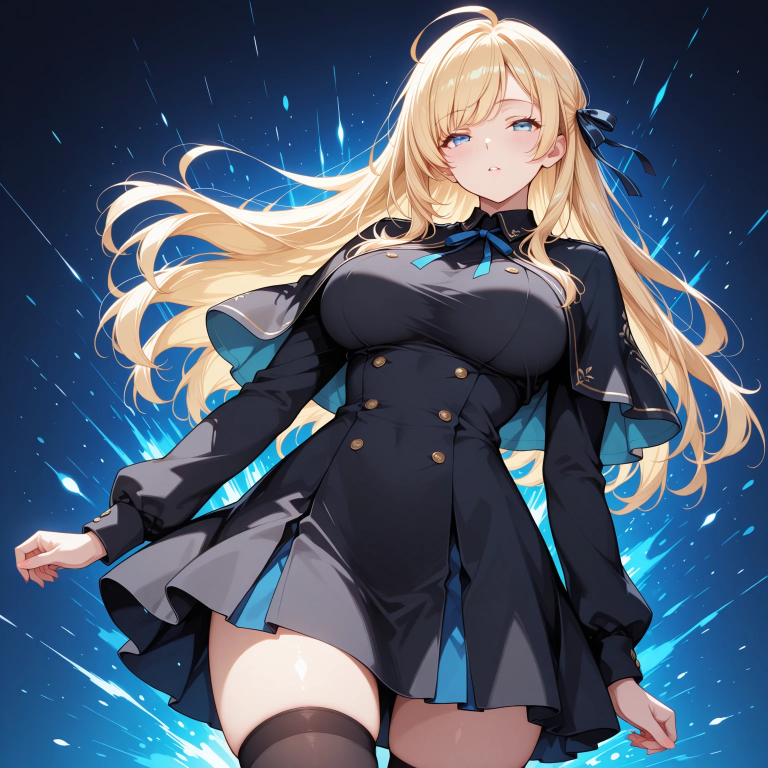 cyberpunked、University City、Schools、pupils on、blimp、natta、Sateen、Neon light、女の子1人、独奏、hi-school girl、校服、Wear a raincoat over your clothes、Wearing a hood、pinkish blond hair、Longhaire、Wearing a hair ornament in the form of a question mark on your hair、Blue eyes、looking happy smile、large full breasts、Sweater Vest、skirt by the、a miniskirt、sockes、emphasizing thighs