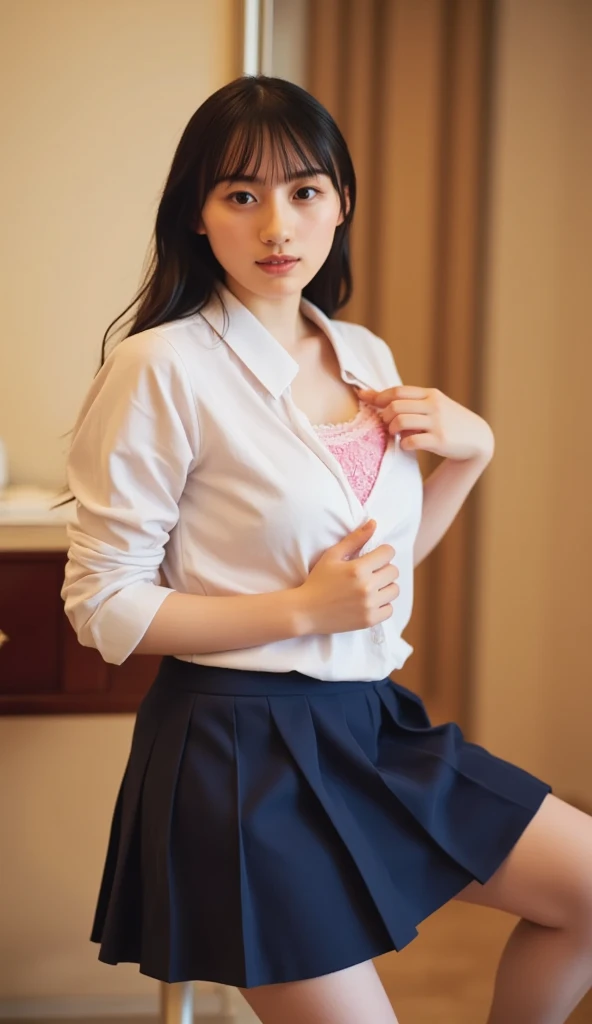 masterpiece, photorealistic masterpiece, Professional photography, High resolution, Attractive pose, Amazing full color, Ultra-detailed clarity,Standing on the toilet, Dark Room, Dark Night, Detail of backlight from window, Calm colors, 35mm masterpiece, smile, Big Breasts,  White shirt, ((Audience: 1.1)), ((Long Flared Skirt)), (Spread your legs), (((Lift your skirt yourself)), ((Show me your panties))), Lifting clothes, Panty shot, (Panties with detailed lace,) Squat,squat