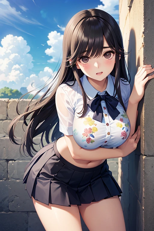 masterpiece、The best、1 female、denim vest、Denim shorts、Red shirt, Bun bun、black hair、Shoulder leakage、big breasts、chubby、Smile、White suspenders、lace leggingackpack,On campus,pose