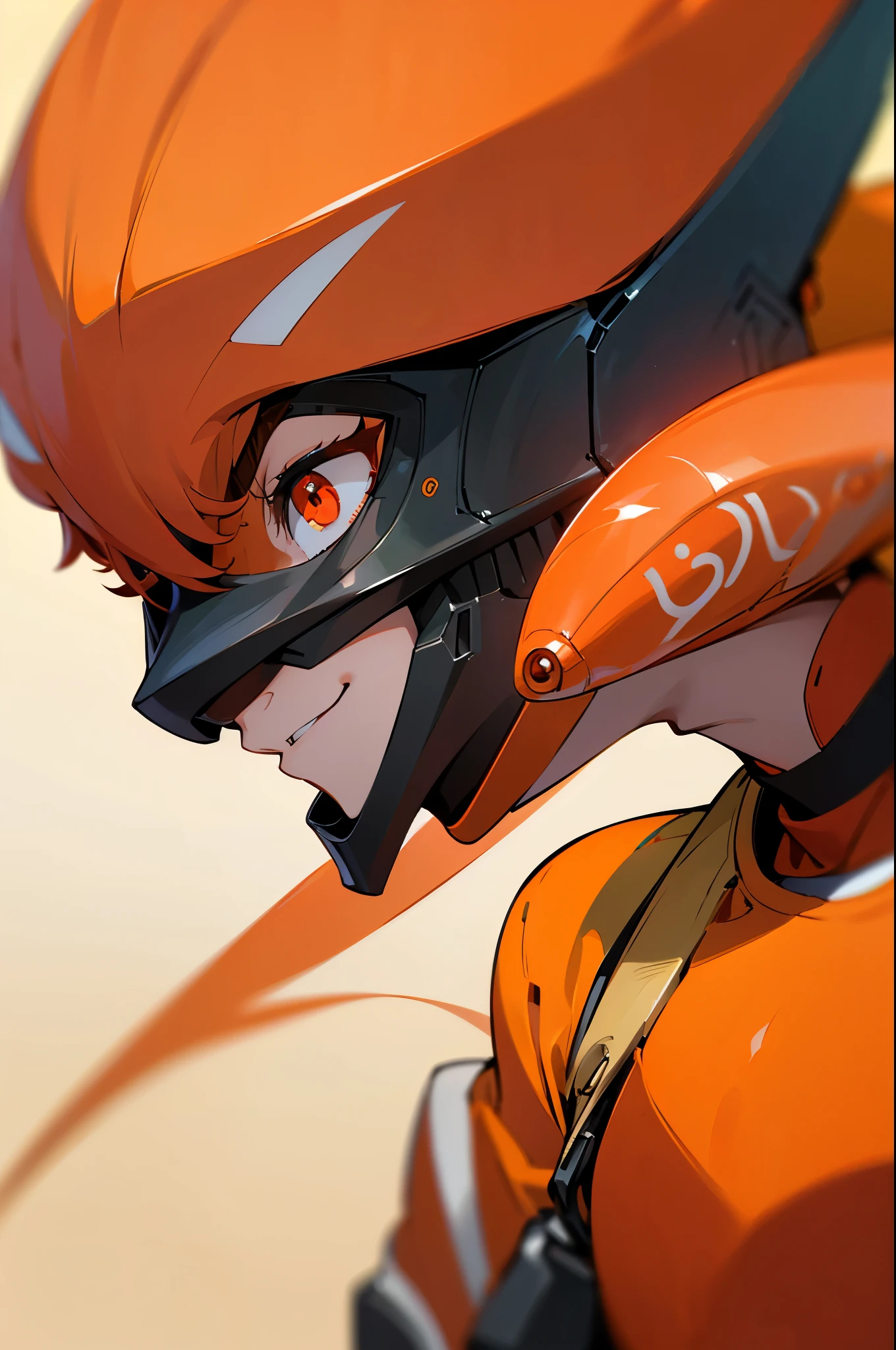 One person、solo、orange hair、bob hair、Red eyes、Smiling Yang、From the side、upper body up、flight suit、shrimp monster 、(80mm portrait lens、F1.8、Shot at ISO 100)、RAW pictures、 Cinematic lighting in a roman square :1.3