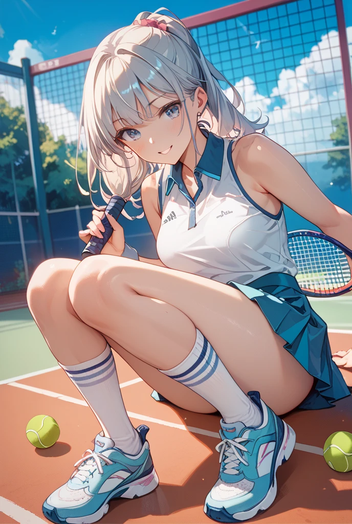 1girl ,(Shiina Mahiru,mahiru shiina), Long Hair,bangs,happy smile, smile, Open your mouth,((nsfw,full,Tennis Wear,White shirt,White mini skirt,Panty shot,White panties)),Real Summer,Daytime,sunny,My hair is blowing in the wind,whole bodyがイラストに入るように,Slender body,
break outdoors, School,Tennis court,
break looking at viewer,Beautiful breasts,sit,Wide opening,Medium chest,whole body,((Panty shot,Angle from below))
break (masterpiece:1.2), Highest quality, High resolution, unity 8k wallpaper, (shape:0.8), (Beautiful details:1.6), Highly detailed face, Perfect lighting, Extremely detailed CG, (Perfect hands, Perfect Anatomy), 