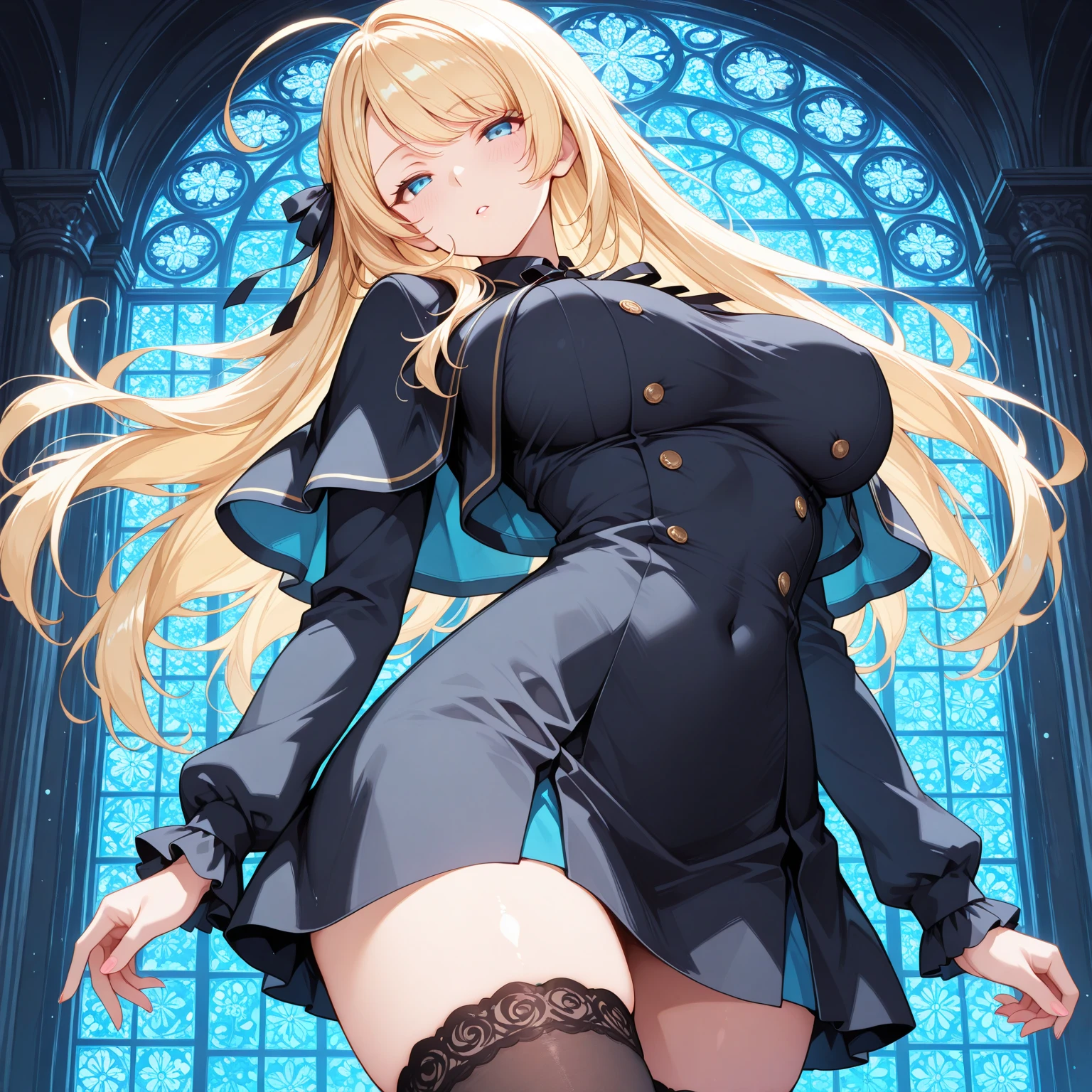 artoria pendragon, Type-Moon, fate/ stay night,floating,comiccore,filigree quasar,super realistic,super detailed wallpaper,8K,Aho,Green eyes,Royal sister,Long blond hair,Wearing silver glasses,Black vest,Delicate and small earrings,Black coat,Exposing belly,Wearing black silk,Long legs,Black shorts,Black high heels,On the Street,Dynamic Angle,Dynamic poses,Best picture quality,Original,high quality, --ar 9:16 --q 5 --niji 5