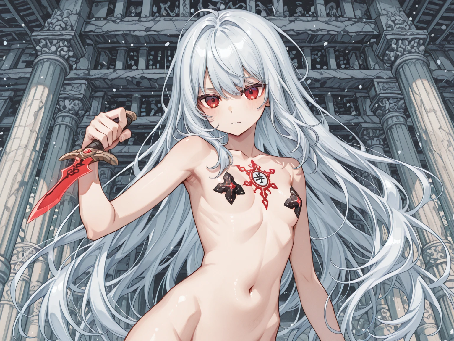 ((best quality)), ((masterpiece)), (detailed), 1girl, Character design, female, dynamic poses, long white grey hair, grey white eyes, very skinny, detailed, best quality, no accesoires around the neck, no shoes, prominent collarbones, skinny arms, flat stomach, visible hip bones, full body, blank white background, plain background, white background, red and white clothing, Bloodborne inspired, occult aesthetic, occult, detailed and intricate steampunk and detailed gothic, NSFW, Very dramatic and cinematic lighting, cosmic horror, grim-dark, side-lighting, perfect face, NSFW, Fluttering lace flared long knee length dress with frilly petticoats, knee length dress, pleated petticoats, petticoats gothic, complex lace boots, side-lighting, gothic aesthetic, wielding a mighty sword with mechanical components, mandalas, small breasts, a fairy, various different types of insect wings, NSFW, full body, whole body, body, plain background, white background, blank background, no background, white background NSFW, chains, full body, whole body, head-to-toe NSFW