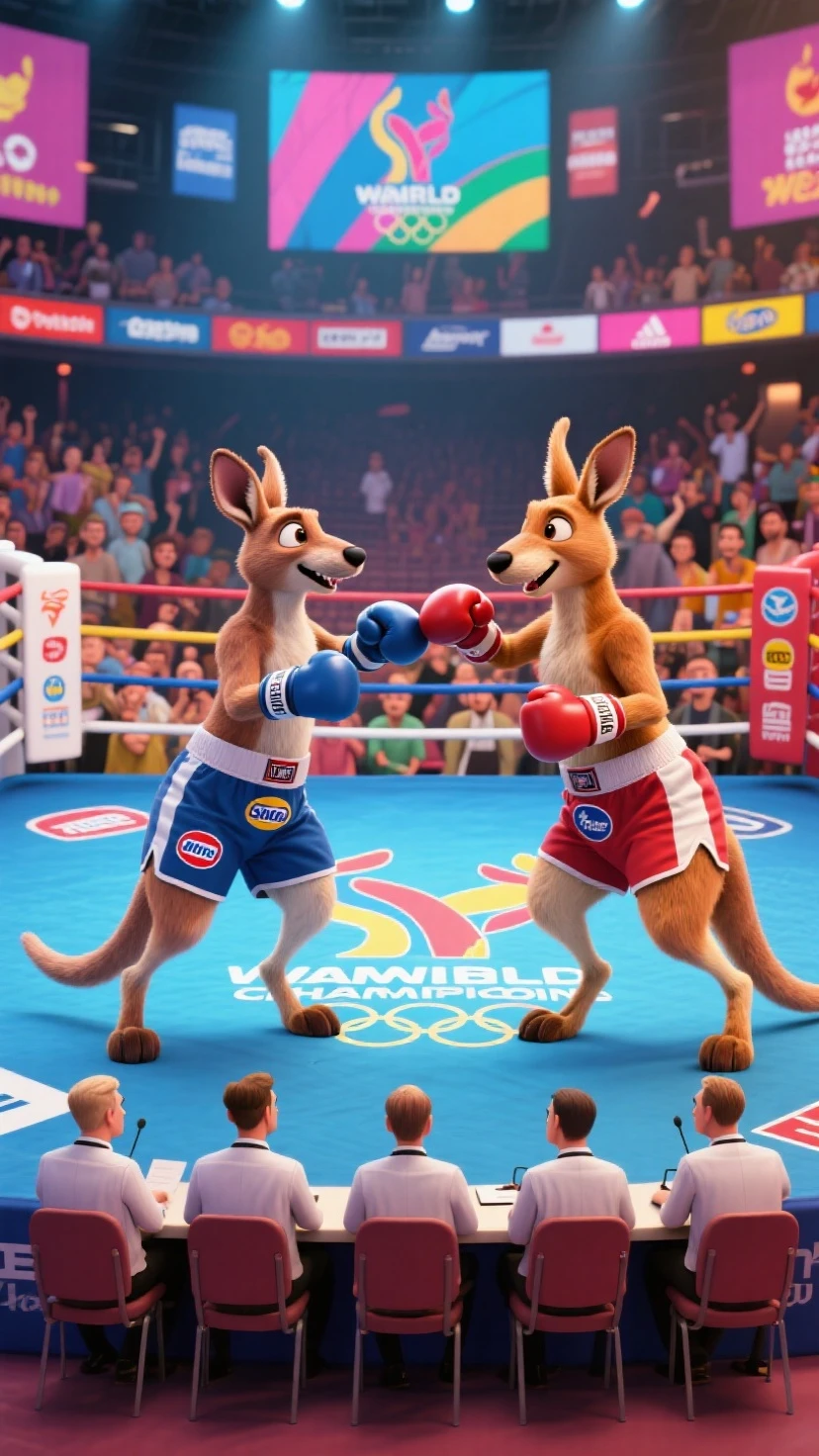 "Generate a hyper-realistic, ultra-detailed 4k/8k image of an angry muscular red rabbit in red boxing gear kicking the stomach of a muscular purple tiger in blue boxing gear. The tiger's stomach shows red energy wounds. They are on a boxing stage with a cheering crowd in the background."