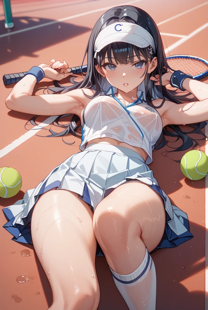 Masterpiece, top quality, high resolution background, bright and beautiful atmosphere, 3 girls (2 years old, 1 short-tempered round face), 1 (hair, surface effects), small breasts, a girl sitting in the middle of a very long staircase , many mini pigs at the bottom of the stairs, a tennis ball falling down the stairs, a girl wearing tennis clothes on the stairs, "deltamon_sdXL :0.73) >Deltamon",(((nsfw))),