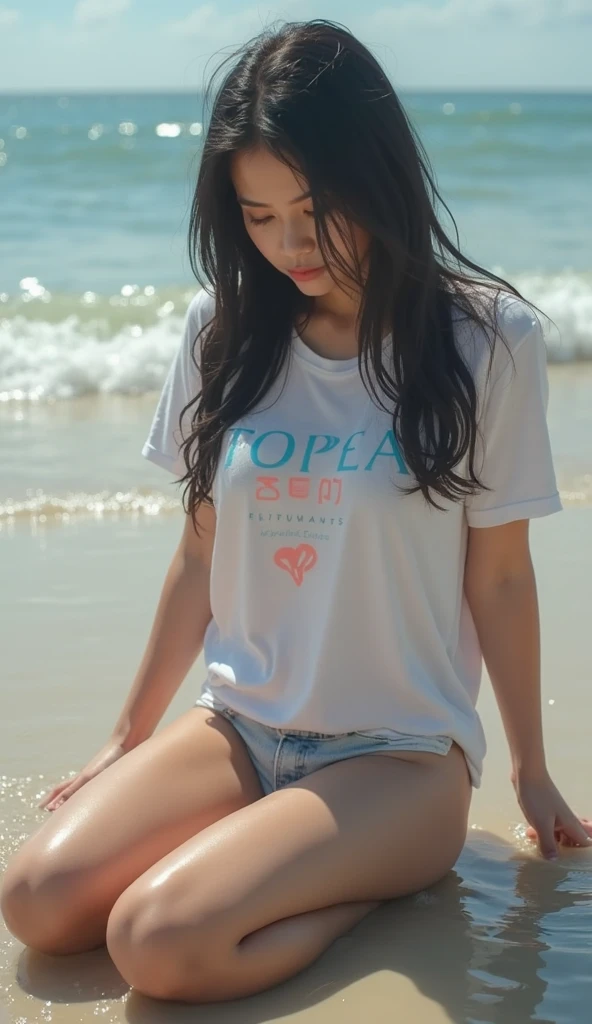 Very beautiful woman in cropped tee, summer, perfect body, due diligence, very delicate face and skin texture, smile, embarrassed expression